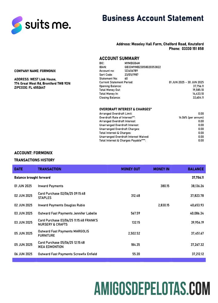 Em branco Reino Unido Suits Me Organization Checking modelo de extrato de conta Word e PDF